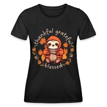 Lustiges Faultier mit Herbstlaub thankful grateful - Frauen Funktions-T-Shirt - Schwarz - Vorne - AI Model Female 172 light (172cm)