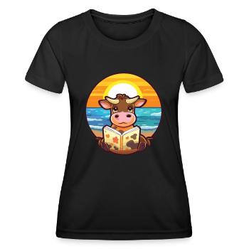 Vache Mignon Drôle Dessin Animé Kawaii Livre Plage - T-shirt sport Femme - noir - Devant - AI Model Female 172 light (172cm)