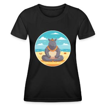 Rhino Cartoon Yoga Beach Summer Illustration - Women's Functional T-Shirt - black - Front - AI Model Female 172 light (172cm)