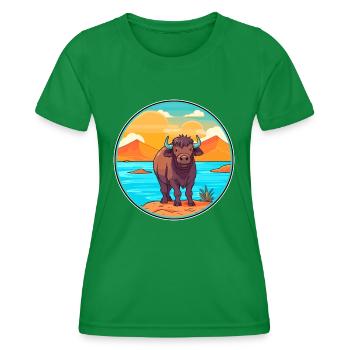 Buffalo Watercolor Cartoon Kawaii Clipart Animal - Women's Functional T-Shirt - kelly green - Front - AI Model Female 172 dark (172cm)