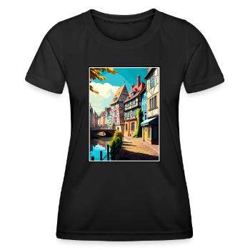 Colmar France Vintage Travel Poster WPA Souvenir - Women's Functional T-Shirt - black - Front - AI Model Female 172 light (172cm)
