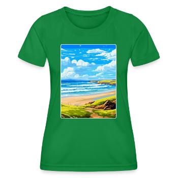 Constantine Bay Cornwall England Uk Travel Poster - Women's Functional T-Shirt - kelly green - Front - AI Model Female 172 dark (172cm)