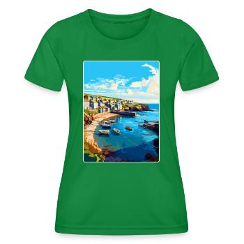 Port Issac, England, Vereinigtes Königreich, Reiseposter, Souvenir, WPA - Frauen Funktions-T-Shirt - Kelly Green - Vorne - AI Model Female 172 dark (172cm)