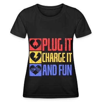 Einstecken, aufladen und Spaß haben Elektrofahrrad - Frauen Funktions-T-Shirt - Schwarz - Vorne - AI Model Female 172 light (172cm)