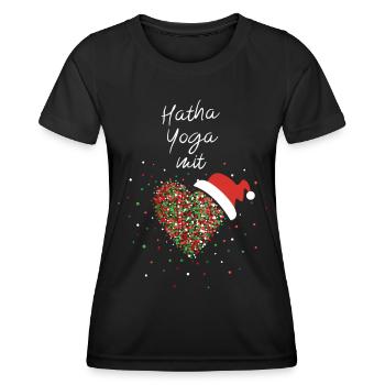 Hatha Yoga mit Herz Weihnachtsmotiv Nikolausmütze - Frauen Funktions-T-Shirt - Schwarz - Vorne - AI Model Female 172 light (172cm)
