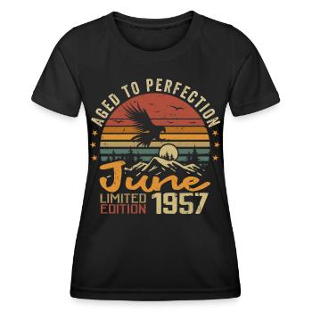 Jahrgang Juni 1957 Juni 1957 Geboren Juni 1957 Retro - Frauen Funktions-T-Shirt - Schwarz - Vorne - AI Model Female 172 light (172cm)