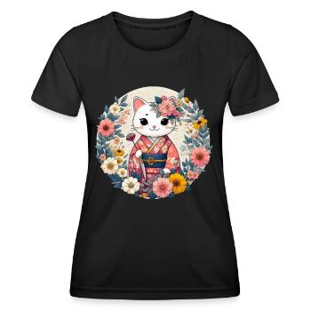 Kimono Cat with Flowers - Women's Functional T-Shirt - black - Front - AI Model Female 172 light (172cm)