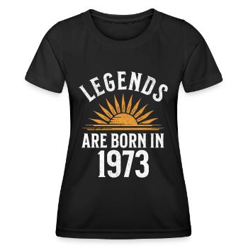 Des légendes sont nées en 1973 – idée cadeau - T-shirt sport Femme - noir - Devant - AI Model Female 172 light (172cm)