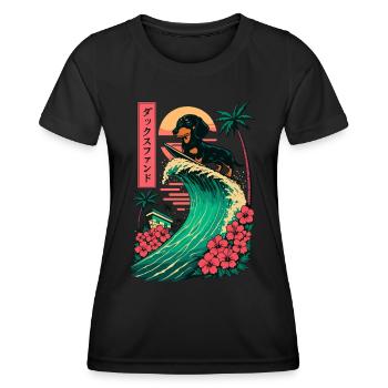 Dachshund Sausage Dog Wiener Japanese Surfing - Women's Functional T-Shirt - black - Front - AI Model Female 172 light (172cm)