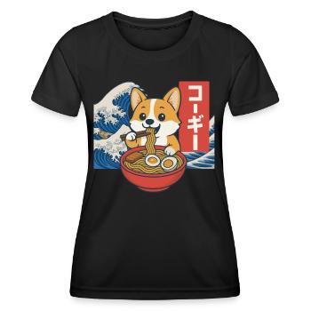 Corgi Eating Ramen Japanese Wave Art - Women's Functional T-Shirt - black - Front - AI Model Female 172 light (172cm)