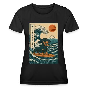 Dackel Hund Liebhaber Surfen Japanische Wellenkunst - Frauen Funktions-T-Shirt - Schwarz - Vorne - AI Model Female 172 light (172cm)