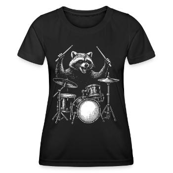 Schlagzeuger Waschbär Tier Trommel Musiker Perkussion - Frauen Funktions-T-Shirt - Schwarz - Vorne - AI Model Female 172 light (172cm)