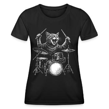 Schlagzeuger Katze Tier Schlagzeug Set Musiker Perkussion - Frauen Funktions-T-Shirt - Schwarz - Vorne - AI Model Female 172 light (172cm)