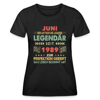 34. Geburtstag Juni Jahrgang 1989 Vintage - Frauen Funktions-T-Shirt - Schwarz - Vorne - AI Model Female 172 light (172cm)
