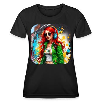 Cool Irish redhead girl with headphones - Women's Functional T-Shirt - black - Front - AI Model Female 172 light (172cm)