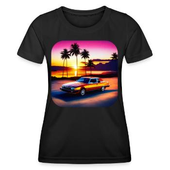 Cooles Auto mit Palmen im Sonnenuntergang III - Frauen Funktions-T-Shirt - Schwarz - Vorne - AI Model Female 172 light (172cm)