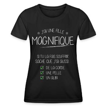 Humour Naissance Alibi J'ai une fille magnifique - T-shirt sport Femme - noir - Devant - AI Model Female 172 light (172cm)