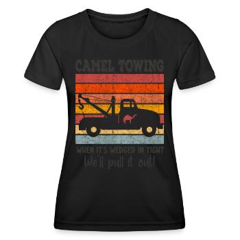 Kamelschleppen - Wenn es eng verkeilt ist - Lustig - Frauen Funktions-T-Shirt - Schwarz - Vorne - AI Model Female 172 light (172cm)