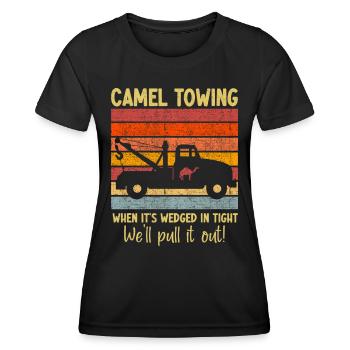 Kamelschleppen - Wenn es eng verkeilt ist - Lustig - Frauen Funktions-T-Shirt - Schwarz - Vorne - AI Model Female 172 light (172cm)