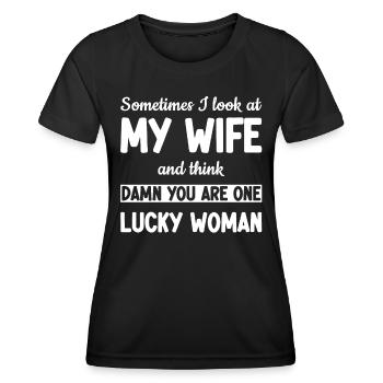 Ma femme est une femme chanceuse - Drôle - T-shirt sport Femme - noir - Devant - AI Model Female 172 light (172cm)