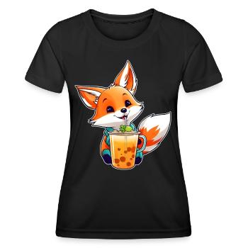 Cute Fox with Bubble Tea - Women's Functional T-Shirt - black - Front - AI Model Female 172 light (172cm)