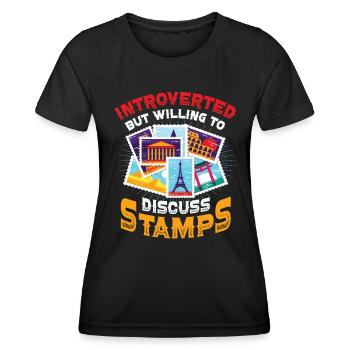 Introvertiert, Aber Bereit, Briefmarken - Frauen Funktions-T-Shirt - Schwarz - Vorne - AI Model Female 172 light (172cm)