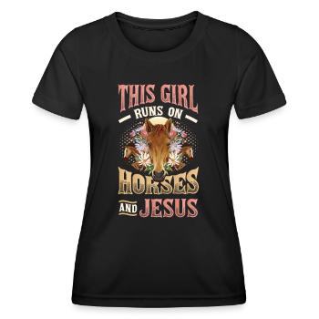 This girl runs on horses and Jesus. - Women's Functional T-Shirt - black - Front - AI Model Female 172 light (172cm)