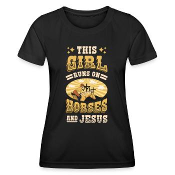 This girl runs on horses And Jesus. - Women's Functional T-Shirt - black - Front - AI Model Female 172 light (172cm)