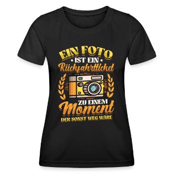 Foto Rückfahrticket Vergangenheit Fotograf. - Frauen Funktions-T-Shirt - Schwarz - Vorne - AI Model Female 172 light (172cm)