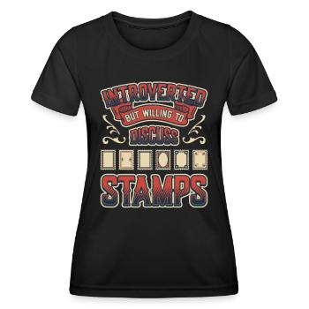 Introvertiert, Aber Bereit, Briefmarken . - Frauen Funktions-T-Shirt - Schwarz - Vorne - AI Model Female 172 light (172cm)