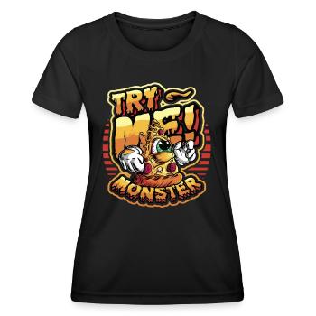 Versuchen Sie Mich! Monster Liebt Pizza - Frauen Funktions-T-Shirt - Schwarz - Vorne - AI Model Female 172 light (172cm)