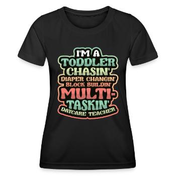 Toddler chases diaper changing childminder - Women's Functional T-Shirt - black - Front - AI Model Female 172 light (172cm)