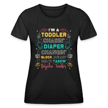 Toddler chases diaper, changing childminder - Women's Functional T-Shirt - black - Front - AI Model Female 172 light (172cm)
