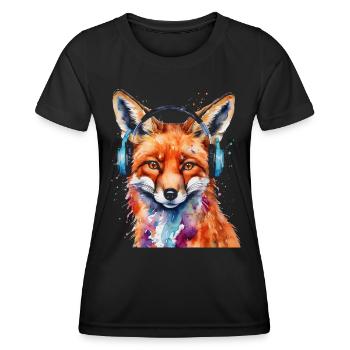 Fuchs Kopfhörer Musik Bunt Tier Design Print - Frauen Funktions-T-Shirt - Schwarz - Vorne - AI Model Female 172 light (172cm)