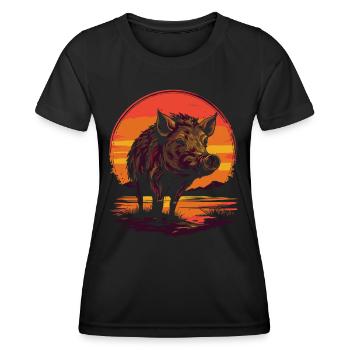 Retro sunset and a wild boar - Women's Functional T-Shirt - black - Front - AI Model Female 172 light (172cm)