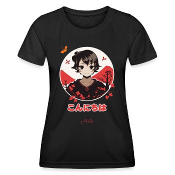 こんにちは Konnichiwa Hallo Japan - Frauen Funktions-T-Shirt - Schwarz - Vorne - AI Model Female 172 light (172cm)