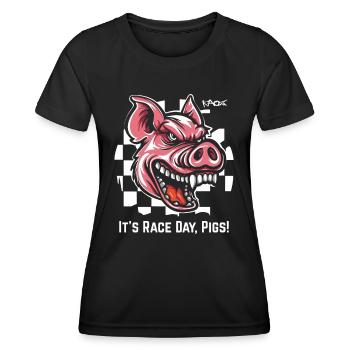 Immer bereit für Rennen, Zielflaggen Schwein - Frauen Funktions-T-Shirt - Schwarz - Vorne - AI Model Female 172 light (172cm)