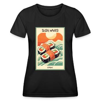 Parodie japanisches Werbeplakat: Wellen von Sushi - Frauen Funktions-T-Shirt - Schwarz - Vorne - AI Model Female 172 light (172cm)
