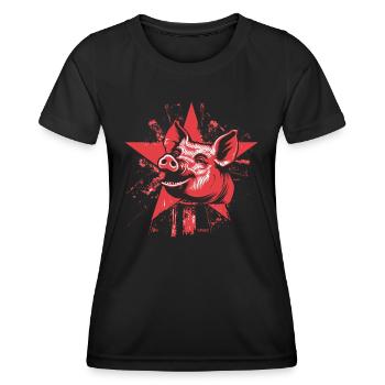 Sarkasmus,Linkes sozialistisches Schwein mit Stern - Frauen Funktions-T-Shirt - Schwarz - Vorne - AI Model Female 172 light (172cm)