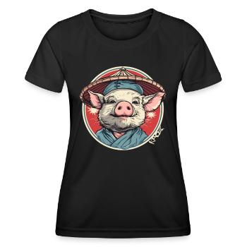 Paysan chinois avec chapeau de paille cochon de dessin animé - T-shirt sport Femme - noir - Devant - AI Model Female 172 light (172cm)