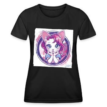 Comic Anime Cat Looking At You - Women's Functional T-Shirt - black - Front - AI Model Female 172 light (172cm)
