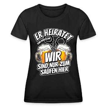 JGA Junggesellenabschied - Er heiratet - Saufen - Frauen Funktions-T-Shirt - Schwarz - Vorne - AI Model Female 172 light (172cm)