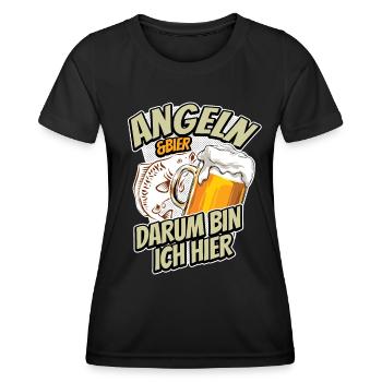 Angeln & Bier - darum bin ich hier - Karpfen - Frauen Funktions-T-Shirt - Schwarz - Vorne - AI Model Female 172 light (172cm)