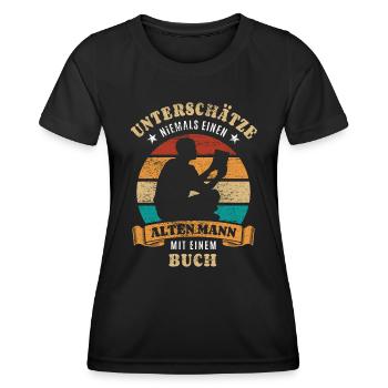 Unterschätze nie einen alten Mann mit Buch - Frauen Funktions-T-Shirt - Schwarz - Vorne - AI Model Female 172 light (172cm)