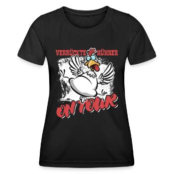 verrückte Hühner on Tour - JGA, Party, Spaß - Frauen Funktions-T-Shirt - Schwarz - Vorne - AI Model Female 172 light (172cm)