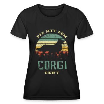 Die mit dem Corgi geht - Hunde Spruch - Frauen Funktions-T-Shirt - Schwarz - Vorne - AI Model Female 172 light (172cm)