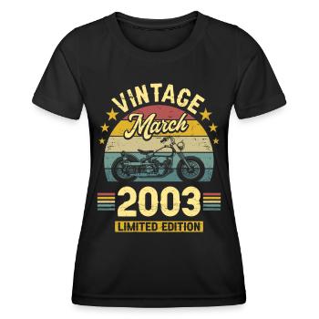 Oldtimer-Biker Jahrgang März 2003 20-jähriges Jubiläum - Frauen Funktions-T-Shirt - Schwarz - Vorne - AI Model Female 172 light (172cm)