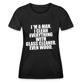 Je suis un homme. Je nettoie tout avec un nettoyant pour vitres - T-shirt sport Femme - noir - Devant - AI Model Female 172 light (172cm)