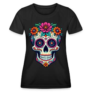Floraler Zuckerschädel – Lebendige Kunst zum Tag der Toten - Frauen Funktions-T-Shirt - Schwarz - Vorne - AI Model Female 172 light (172cm)