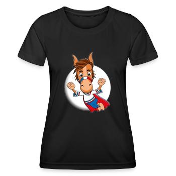 PFERD - SUPERHELD - MONDSCHEIN - HELD - PONY - Frauen Funktions-T-Shirt - Schwarz - Vorne - AI Model Female 172 light (172cm)